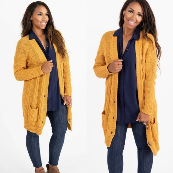 Agnes & Dora Sweaters - Agnes & Dora Mustard Boyfriend Cable Knit Cardigan